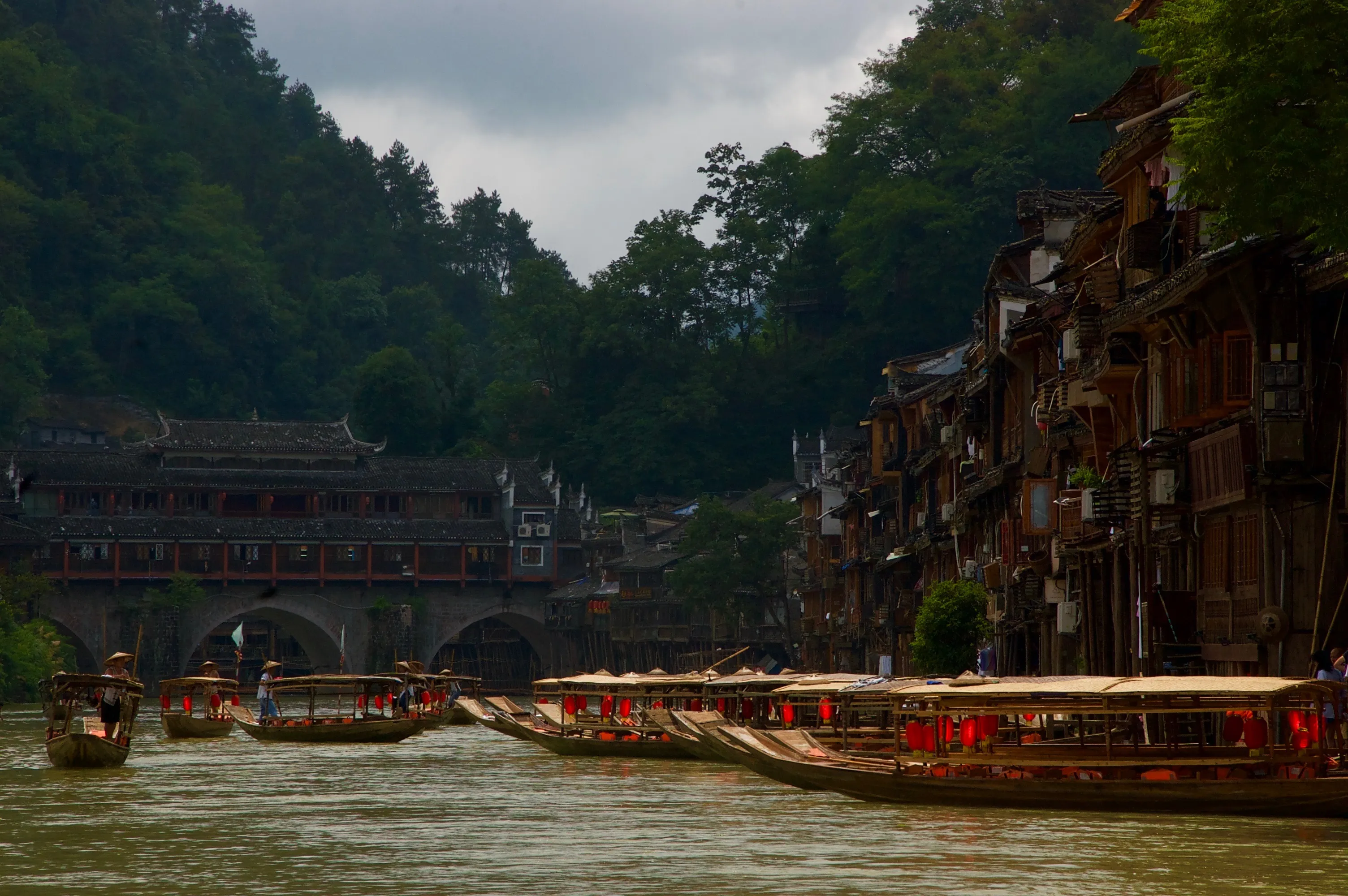 View of boats on a river in Fenghuang