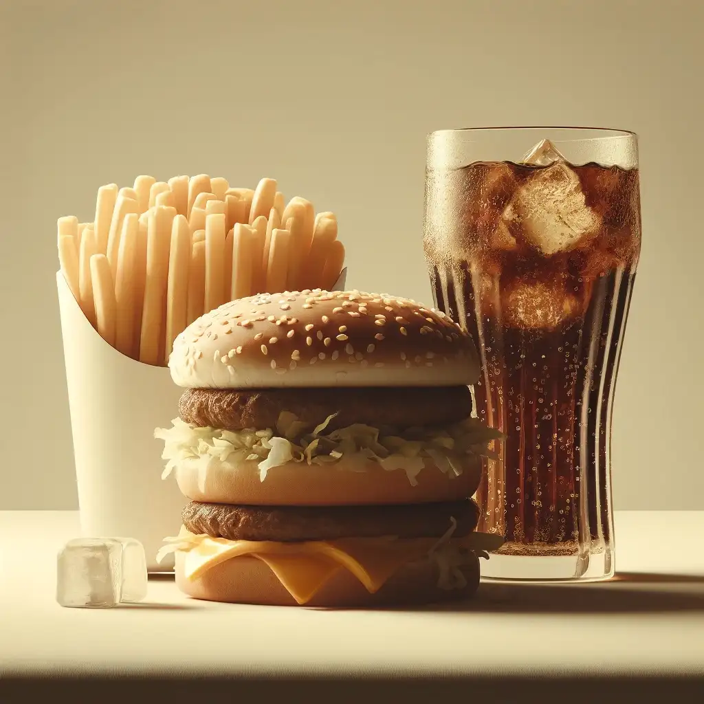 An ai-generated image of a burger, fries and a coke. Representing happy clients.